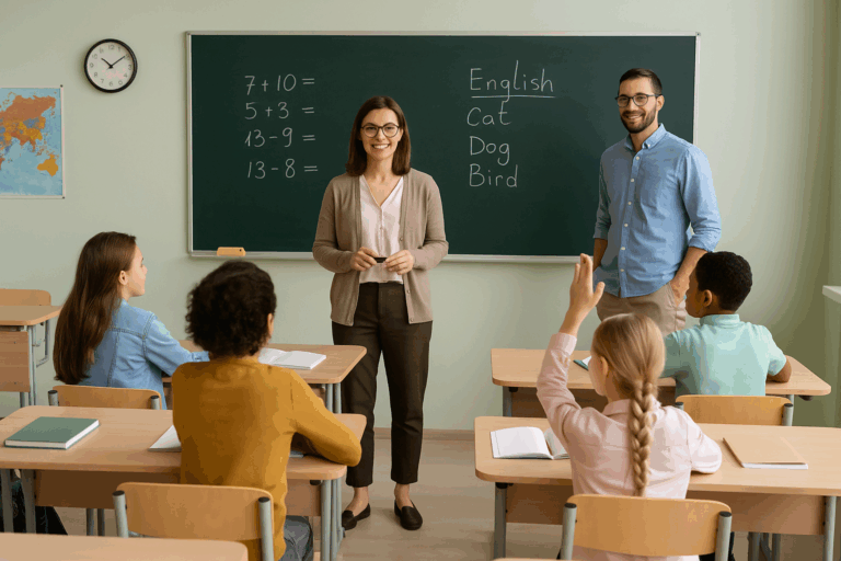 Τάξη σχολείου με εκπαιδευτικούς και μαθητές κατά τη διάρκεια μαθήματος