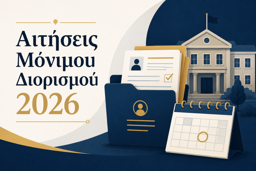Αιτήσεις μόνιμου διορισμού 2026 με φάκελο αίτησης, ημερολόγιο προθεσμιών και σχολικό κτίριο σε minimal editorial ύφος