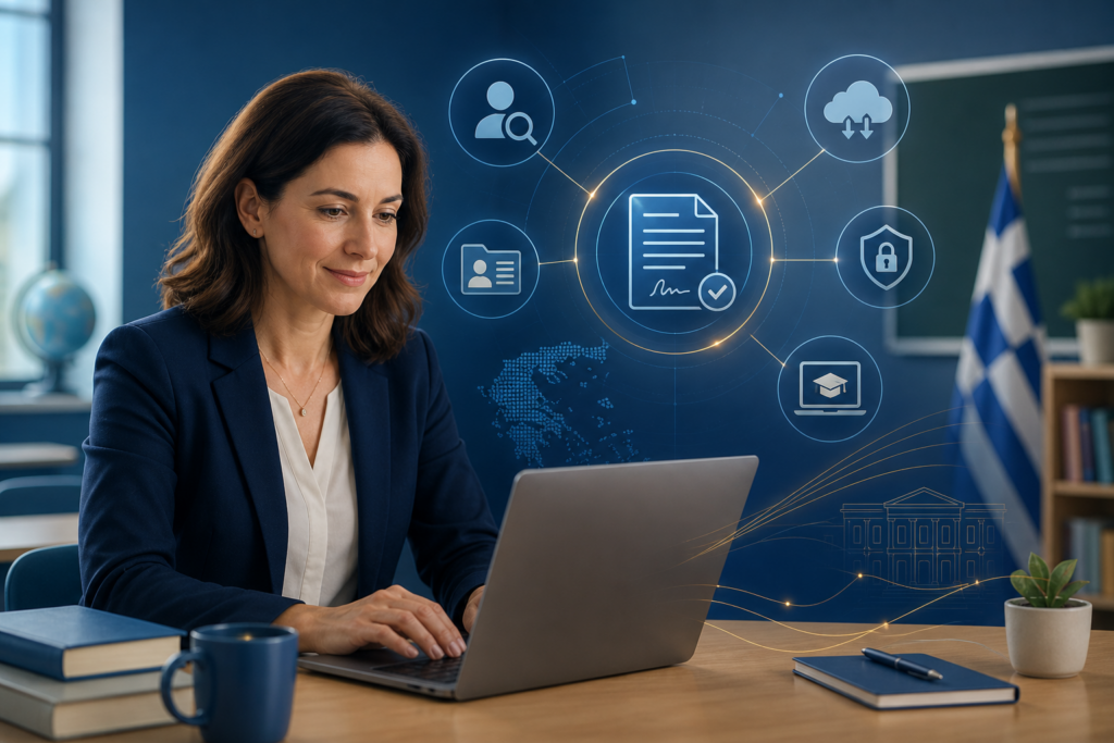 Εκπαιδευτικός χρησιμοποιεί laptop με ψηφιακή διεπαφή για την αναβάθμιση πλατφόρμας αναπληρωτών και τις διαδικασίες πρόσληψης