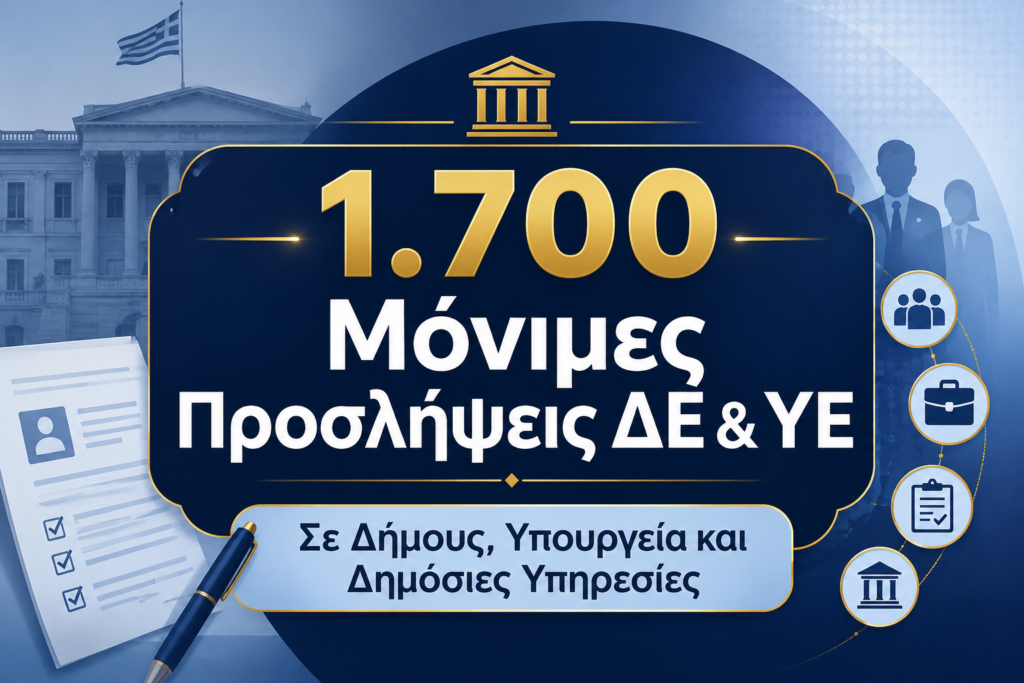 Μόνιμες προσλήψεις ΔΕ ΥΕ μέσω ΑΣΕΠ για 1.700 θέσεις σε δήμους, υπουργεία και δημόσιες υπηρεσίες