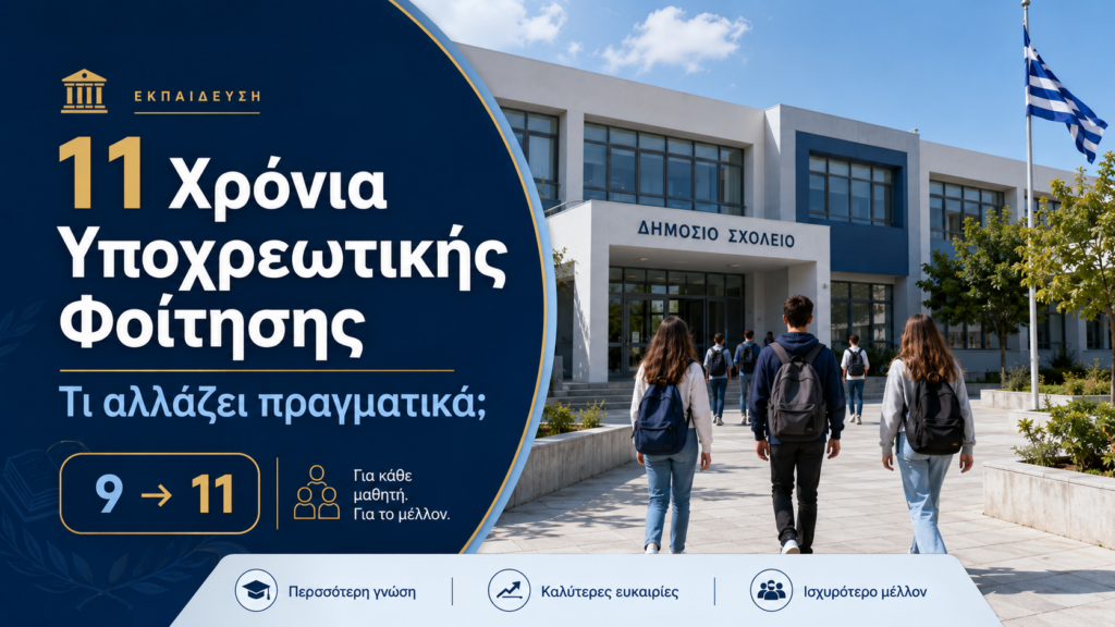 Υποχρεωτική φοίτηση: τι σημαίνει η αύξηση στα 11 έτη και γιατί η ουσία βρίσκεται στο Λύκειο και στις δεξιότητες.